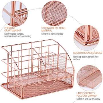 POPRUN Desk Organizers and Accessories for Women with Drawer, Cute Desk Supplies and Stationary Oganizer for Home and Office Desk Decor, Metal Mesh Desk Organization and Storage (Rose Gold)