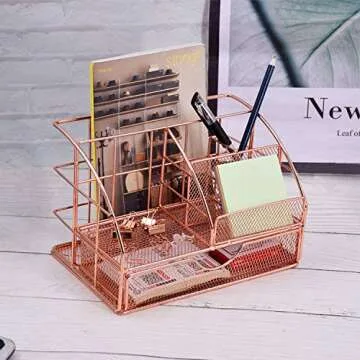 POPRUN Rose Gold Desktop Organizer with Drawer for Stylish Desk Space
