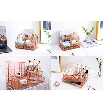 POPRUN Desk Organizers and Accessories for Women with Drawer, Cute Desk Supplies and Stationary Oganizer for Home and Office Desk Decor, Metal Mesh Desk Organization and Storage (Rose Gold)