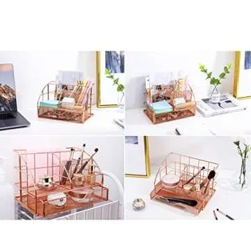 POPRUN Rose Gold Desktop Organizer with Drawer for Stylish Desk Space