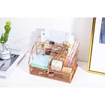 POPRUN Rose Gold Desktop Organizer with Drawer for Stylish Desk Space