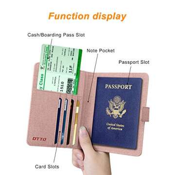 DTTO RFID Blocking Passport Cover, Premium Leather and Fabric Passport Holder Multi-functional Travel Wallet Cover Case - Pink