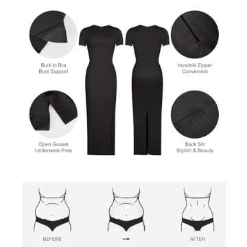 Popilush Shaperwear Dress Built-in Bra Women's Casual Lounge Dress with Zipper Short Sleeve Mock Neck Bodycon Dresses Black