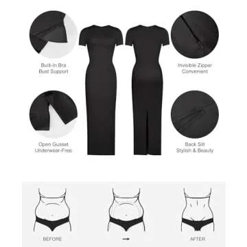 Popilush Shaperwear Dress Built-in Bra Women's Casual Lounge Dress with Zipper Short Sleeve Mock Neck Bodycon Dresses Black