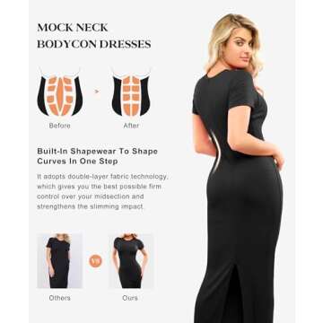 Popilush Shaperwear Dress Built-in Bra Women's Casual Lounge Dress with Zipper Short Sleeve Mock Neck Bodycon Dresses Black