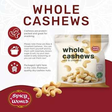Spicy World Raw Cashews Whole 5 Pound Bulk - Unsalted, Natural & Pure, No Chemicals