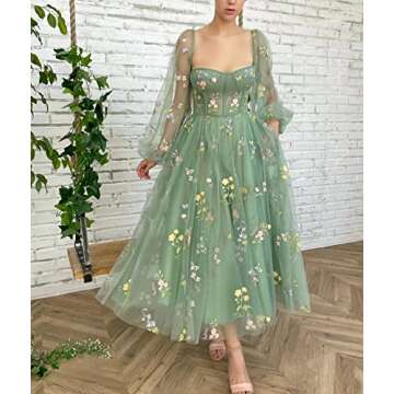Smileven Women's Puffy Sleeve Prom Dresses Fairy Flower Embroidery Tulle Sweetheart Neck Long Sleeve...