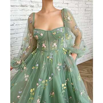 Smileven Women's Puffy Sleeve Prom Dresses Fairy Flower Embroidery Tulle Sweetheart Neck Long Sleeve Formal Evening Party Gowns with Tea Length,Green US4