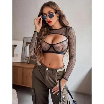 Avidlove Women Lingerie Sexy Mesh Lingerie Set Rave Outfits Long Sleeve Crop Tops Bra and Panty Sets Black S