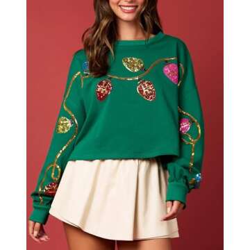 Adoeren Women Christmas Cropped Sweatshirt Sequin Sparkly Colorful Funny Santa Long Sleeve Crewneck ...
