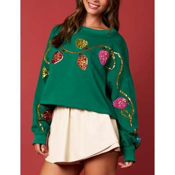 Adoeren Women Christmas Cropped Sweatshirt Sequin Sparkly Colorful Funny Santa Long Sleeve Crewneck Pullover Glitter Xmas Holiday Crop Top(Lights Green,XL)