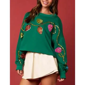 Adoeren Women Christmas Cropped Sweatshirt Sequin Sparkly Colorful Funny Santa Long Sleeve Crewneck Pullover Glitter Xmas Holiday Crop Top(Lights Green,XL)