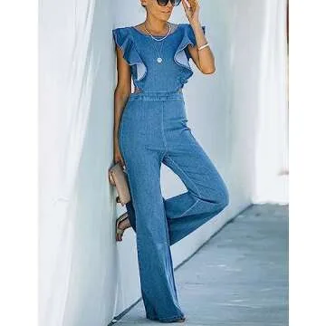 Omoone Women's Flared Denim Jumpsuit Ruffle Sleeve Backless Jeans Jumper Long Rompers(3219-BlueX1-XS)