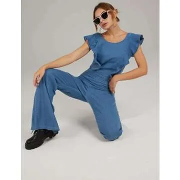 Omoone Women's Flared Denim Jumpsuit Ruffle Sleeve Backless Jeans Jumper Long Rompers(3219-BlueX1-XS)