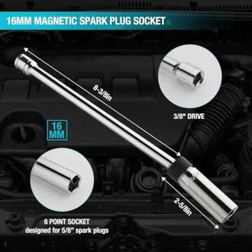 DURATECH 5/8" Swivel Magnetic Spark Plug Socket, 3/8" Drive x 11" Total Length with 6-Point, Enhance...