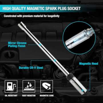 DURATECH 5/8" Swivel Magnetic Spark Plug Socket, 3/8" Drive x 11" Total Length with 6-Point, Enhanced Magnetic Design and Magnetic Core, Thin Wall Socket, Cr-V Steel Made