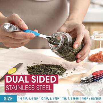 Spring Chef Stainless Steel Magnetic Measuring Spoons Set with Strong Magnets, Heavy Duty Metal Kitchen Gadgets for Baking & Cooking, Fits in Most Kitchen Spice Jars, Multicolor, Set of 8 with Leveler