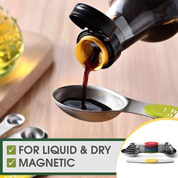 Spring Chef Stainless Steel Magnetic Measuring Spoons Set with Strong Magnets, Heavy Duty Metal Kitchen Gadgets for Baking & Cooking, Fits in Most Kitchen Spice Jars, Multicolor, Set of 8 with Leveler