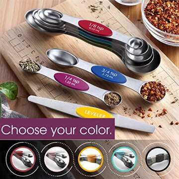 Spring Chef Stainless Steel Magnetic Measuring Spoons Set with Strong Magnets, Heavy Duty Metal Kitchen Gadgets for Baking & Cooking, Fits in Most Kitchen Spice Jars, Multicolor, Set of 8 with Leveler