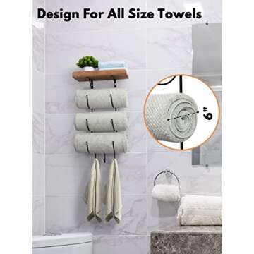 Towel Rack Wall Mounted for Bathroom, IRIIJANE Metal Bath Towel Holder Storage Hand Towels w/Wood Sh...