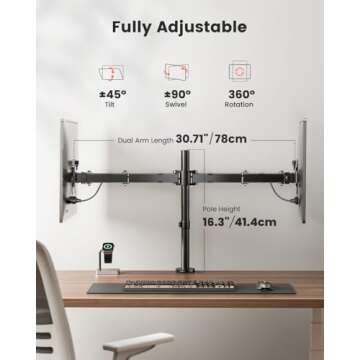 ErGear Dual Monitor Stand, Heavy Duty Adjustable Monitor Desk Mount for 2 Screens up to 32 Inches, Fully Adjustable Height, Tilt, Swivel, Rotate, Supports 17.6 lbs per Monitor Arm, Easy Installation