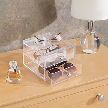 mDesign Stackable Plastic Eye Glass Storage Organizer Box Holder for Sunglasses, Reading Glasses, Lens Cleaning Cloths, and Accessories - 2 Divided Drawers, Chrome Pulls - Clear