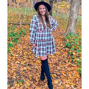 FANCYINN Womens Long Sleeve Buffalo Plaid Shift Tunic Dress Ruffle Hem Vneck Casual Swing Babydoll Mini Dress with Pockets Red & White M