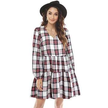 FANCYINN Womens Long Sleeve Buffalo Plaid Shift Tunic Dress Ruffle Hem Vneck Casual Swing Babydoll Mini Dress with Pockets Red & White M