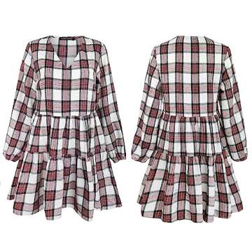 FANCYINN Womens Long Sleeve Buffalo Plaid Shift Tunic Dress Ruffle Hem Vneck Casual Swing Babydoll Mini Dress with Pockets Red & White M