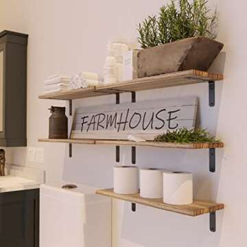 RICHER HOUSE Rustic Wood Shelves Set of 5, Farmhouse Style Floating Shelf for Wall Décor, Hanging S...