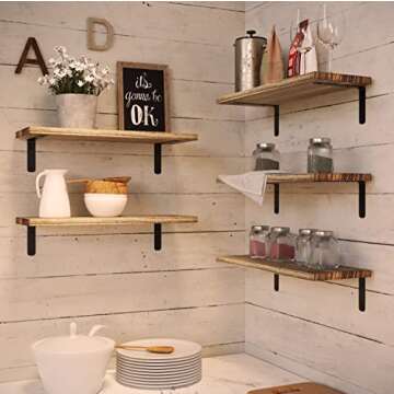 RICHER HOUSE Rustic Wood Shelves Set of 5, Farmhouse Style Floating Shelf for Wall Décor, Hanging Shelves for Bathroom, Bedroom, Storage, Kitchen, Living Room - Carbonized Black