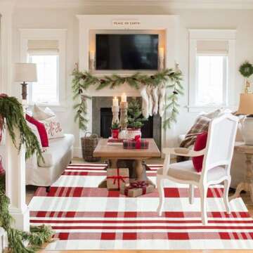 Christmas Front Door Mat Buffalo Plaid Outdoor Rug Hand-Woven Front Porch Rug for Layered Door Mats Washable Carpet for Front Door, Entryway, Farmhouse (4' x 6')