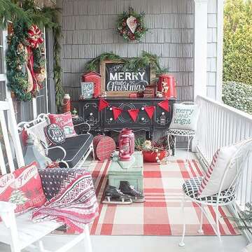 Christmas Front Door Mat Buffalo Plaid Outdoor Rug Hand-Woven Front Porch Rug for Layered Door Mats Washable Carpet for Front Door, Entryway, Farmhouse (4' x 6')