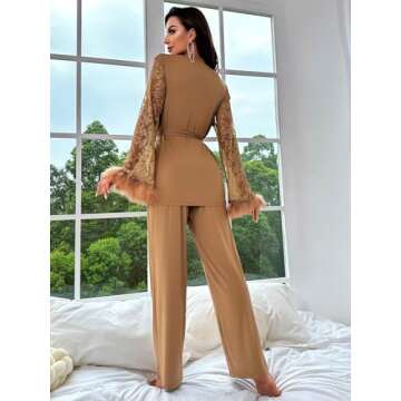 Verdusa Women's 2 Piece Feather Satin Pajama Set Floral Mesh Long Sleeve Belted Top and Pants Brown S