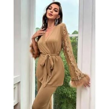 Verdusa Women's 2 Piece Feather Satin Pajama Set Floral Mesh Long Sleeve Belted Top and Pants Brown S