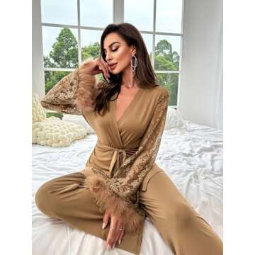 Verdusa Women's 2 Piece Feather Satin Pajama Set Floral Mesh Long Sleeve Belted Top and Pants Brown S