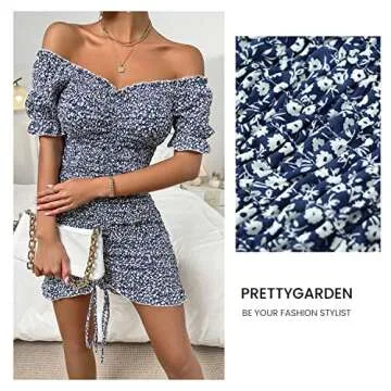 PRETTYGARDEN Women's Summer Off Shoulder Bodycon Dresses Short Sleeve Drawstring Sexy Mini Party Club Smocked Dress (Royal Blue White Floral,Small)