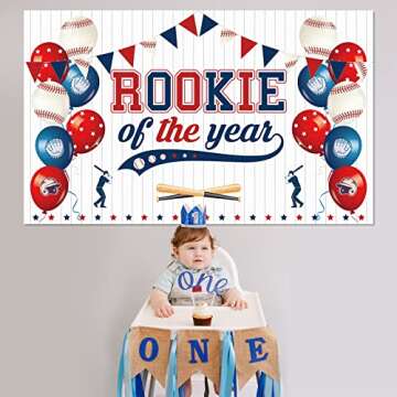 Tudomro Baseball 1st Birthday Decorations Rookie of The Year Banner Large Hanging Sport Themed Party Backdrop for Boys Kids First Birthday Party Decor Photo Booth Supplies, 70.87 x 43.31 Inch