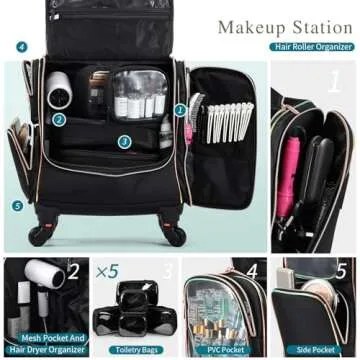 Stagiant Rolling Makeup Train Case, Professional Makeup Case, Travel Cosmetic Organizer Make Up Storage Bag for Makeup Artist, Hairstylist, Barbers, with 5 Toiletry Bags, Black