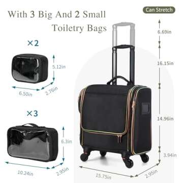 Stagiant Rolling Makeup Train Case, Professional Makeup Case, Travel Cosmetic Organizer Make Up Storage Bag for Makeup Artist, Hairstylist, Barbers, with 5 Toiletry Bags, Black