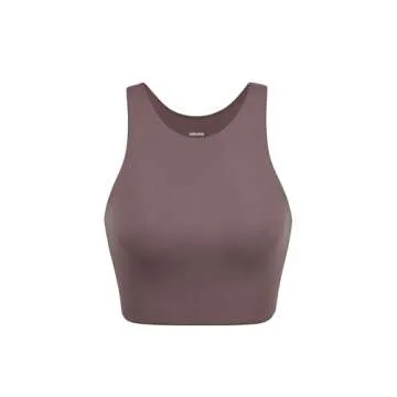 ODODOS Racerback Tank Bra for Women High Neck Non Padded Medium Support Sports Bra Workout Yoga Crop Tops, Purple Taupe, Medium