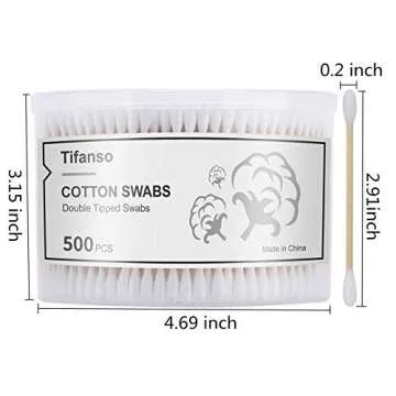 tifanso 500 Count Cotton Swabs, Natural Double Round Strong Wooden Cotton Tip Sticks Buds for Ears, Cruelty-Free Ear Swabs with Storage Box