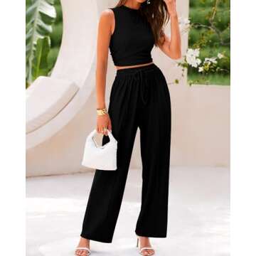 BTFBM Women Summer 2 Piece Outfits Ribbed Knit Crew Neck Sleeveless Cropped Top Elastic Waist Wide L...