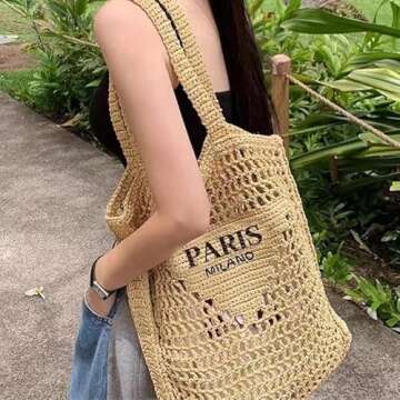 ABHONOR Hollow Crochet Woven Handbag Straw Woven Bag Straw Mesh Tote Bag For Women Woven Beach Shoulder Bag Pool Beach Bags (Beige)