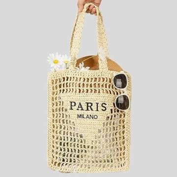 ABHONOR Hollow Crochet Woven Handbag Straw Woven Bag Straw Mesh Tote Bag For Women Woven Beach Shoulder Bag Pool Beach Bags (Beige)