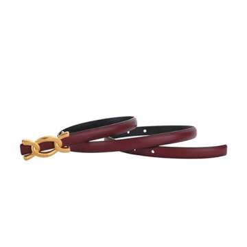 SPOMUNT Womens Thin Belts Skinny Leather Dress Belt, Gold Double C Buckle for Jeans Pants (Wine Red, 102cm(Fits pants size 25"-33"))