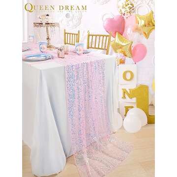 Pink Table Runner 10FT Glitter Iridescent Sequin Table Runner 25x120 Inches for Bridal Baby Shower G...