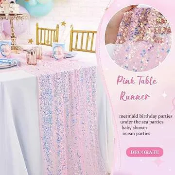 Pink Table Runner 10FT Glitter Iridescent Sequin Table Runner 25x120 Inches for Bridal Baby Shower Girls Birthday Party Sweetheart Table Decorations
