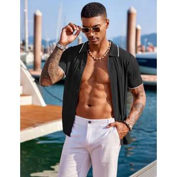 COOFANDY Men's Knit Shirts Short Sleeve Button Down Polo Shirt Fashion Casual Summer Beach Shirts