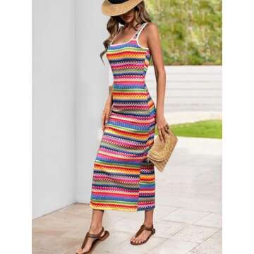 PRETTYGARDEN Tank Dress for Women 2025 Summer Casual Striped Maxi Dresses Fitted Square Neck Beach V...